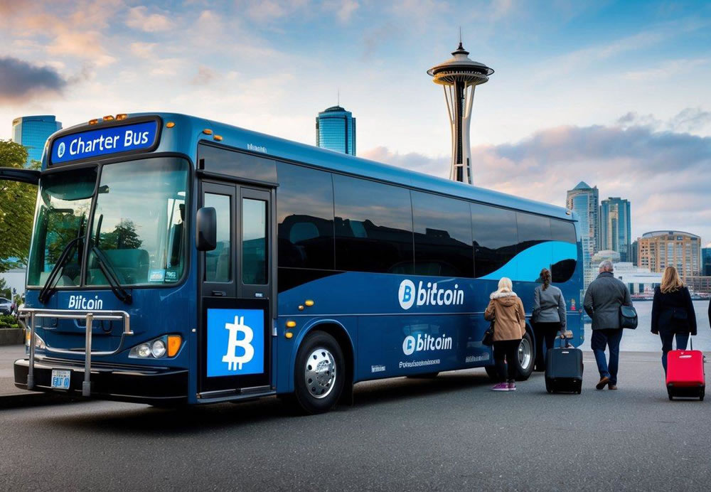 A charter bus parked outside a Chicago landmark, with a digital display showing Bitcoin payment options, while passengers board with luggage